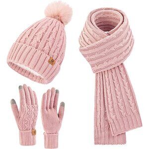 Women’s Pink Winter Beanie Hat Scarf & Touchscreen Gloves 3-in-1 Gift